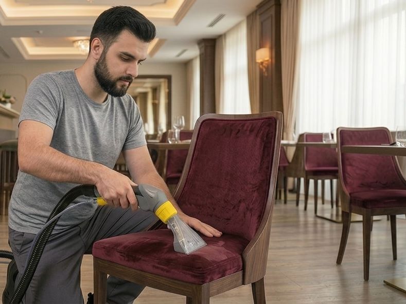 Čištění židlí párou a extraktorem extraktorem v restauraci Karlovy Vary. Steamcare.cz